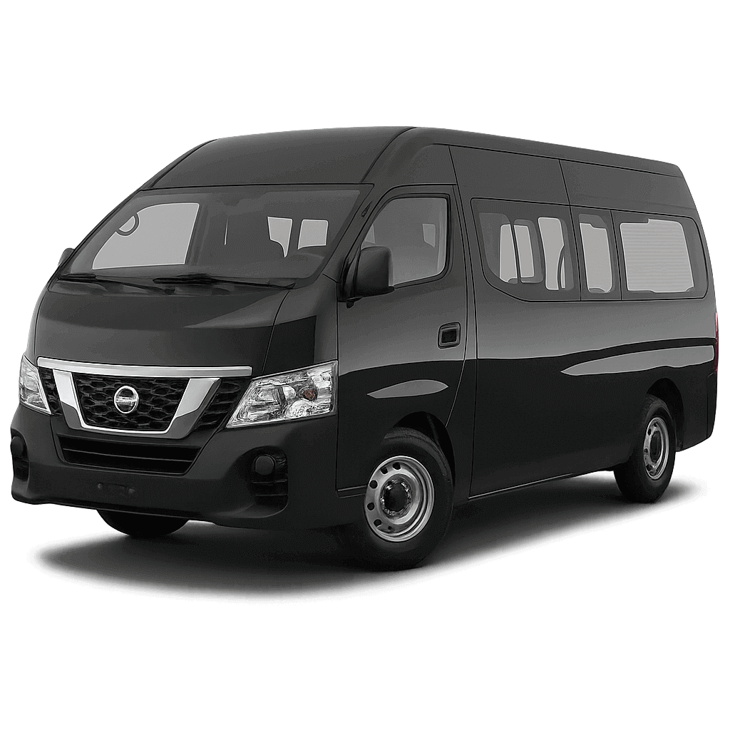 Black Nissan passenger shuttle van.
